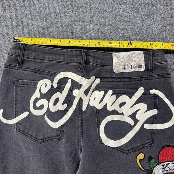 Y2K Ed Hardy Love Kills Slowly Black Wide Leg Baggy Embroidered Jeans Size 30 - Picture 7 of 9